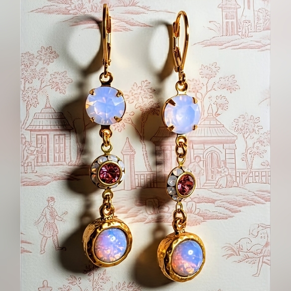 Pink Mystic Fire Opal & Swarovski Rose Opal W/ Crystal Flower Dangle Earrings - Picture 1 of 7